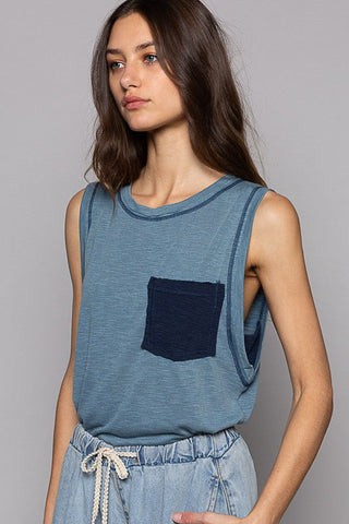 POL Round Neck Sleeveless Pocket Front Solid Top in Denim