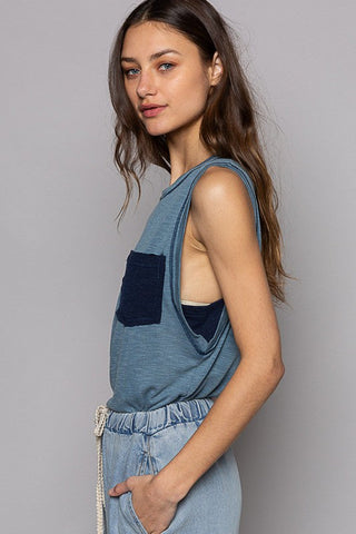 POL Round Neck Sleeveless Pocket Front Solid Top in Denim
