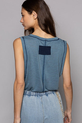 POL Round Neck Sleeveless Pocket Front Solid Top in Denim