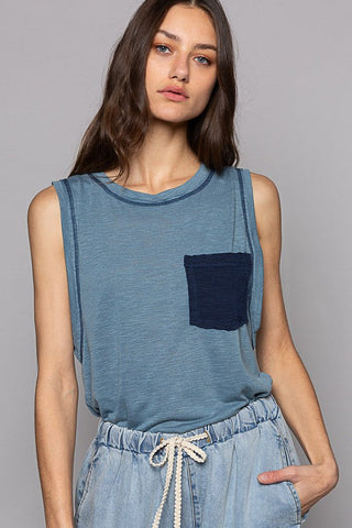 POL Round Neck Sleeveless Pocket Front Solid Top in Denim