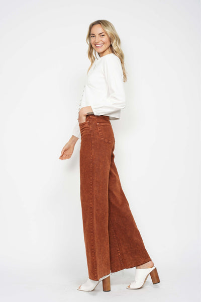 Judy Blue High Waist Garment Dyed Pumpkin Spice Raw Hem Retro Wide Leg Denim 88888-Jeans-Sunshine and Wine Boutique