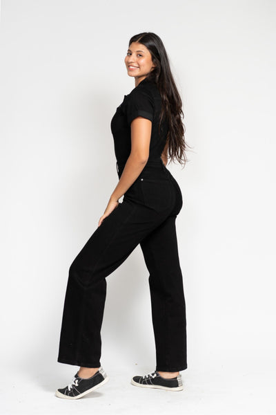 Judy Blue High Waist Garment Dyed Black Tummy Control Short Sleeve Straight Denim Jeans Jumpsuit 88853-Jeans-Sunshine and Wine Boutique