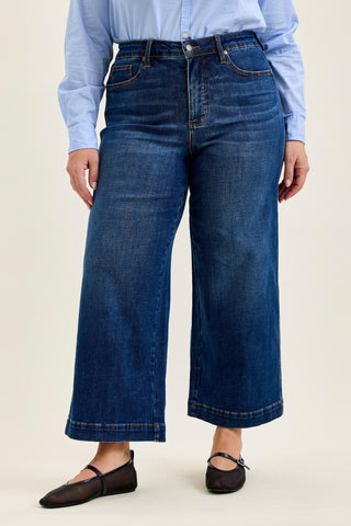 Judy Blue High Waist Tummy Control Deep Indigo Claudia Ankle Wide Leg Denim Jeans 881187