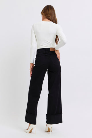 Judy Blue High Waist Retro Wide Leg Black Cuffed Denim Jeans 82617
