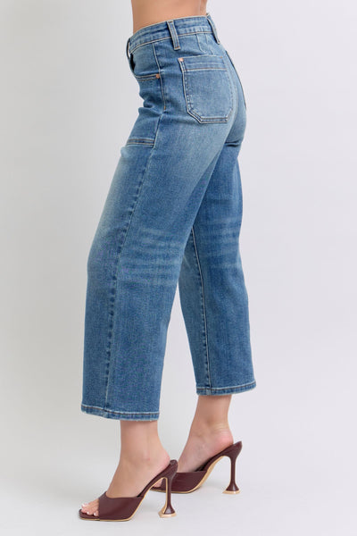 Judy Blue High Waist Utility Pockets Crop Wide Leg Denim Jeans 88904-Jeans-Sunshine and Wine Boutique