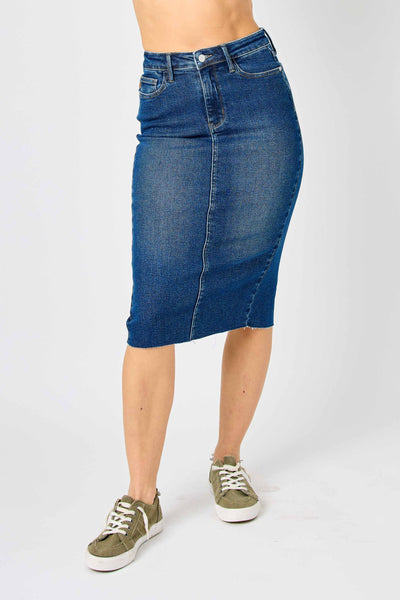 Judy Blue High Waist Back Slit Hem Mid Length Denim Skirt 2831-Jeans-Sunshine and Wine Boutique