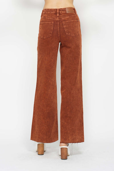 Judy Blue High Waist Garment Dyed Pumpkin Spice Raw Hem Retro Wide Leg Denim 88888-Jeans-Sunshine and Wine Boutique