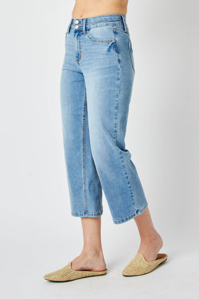 Judy Blue High Waist Double Button Waistband Wide Leg Crop Denim 88616-Jeans-Sunshine and Wine Boutique
