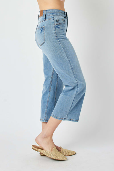 Judy Blue High Waist Double Button Waistband Wide Leg Crop Denim 88616-Jeans-Sunshine and Wine Boutique