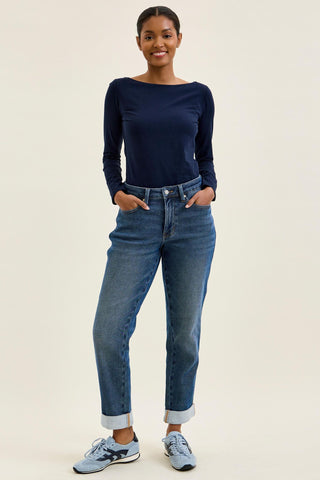 Judy Blue Mid Rise Billie Knit Indigo Boyfriend Denim Jeans 881126