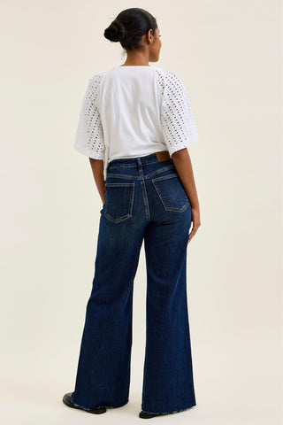 Judy Blue High Waist Adjustable Waistband Tabs Raw Hem Retro Wide Leg Denim Jeans 881114