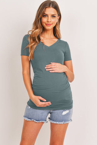 Hello Miz Short Sleeve V-Neck Maternity Tee with Ruched Side, Sea Blue-Clothing-Sunshine and Wine Boutique