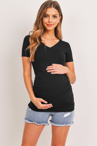 Hello Miz Short Sleeve V-Neck Maternity Tee with Ruched Side, Black-Clothing-Sunshine and Wine Boutique
