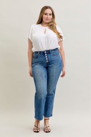 Judy Blue Mid Rise Rigid Magic Button Fly Slim Straight Denim Jeans 881011