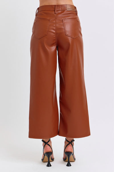 Judy Blue High Waist Tummy Control Camel Faux Leather Wide Leg Crop Denim Jeans 88900-Jeans-Sunshine and Wine Boutique