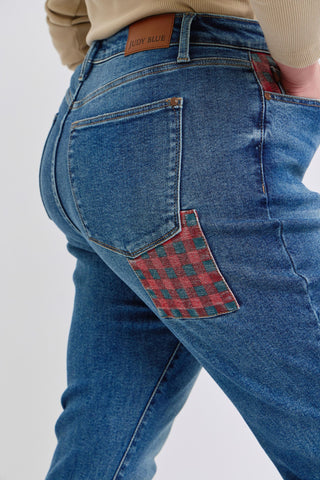 Judy Blue High Waist Plaid Patch Slim Denim Jeans 88868