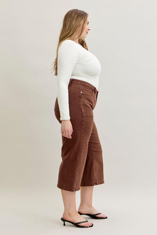 Judy Blue Mid Rise Garment Dyed Maple Utility Pocket Wide Leg Crop Denim Jeans 881017