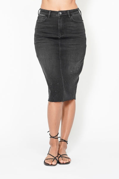 Judy Blue High Waist Rhinestone Embellished Mid Length Black Denim Skirt 2838-Jeans-Sunshine and Wine Boutique