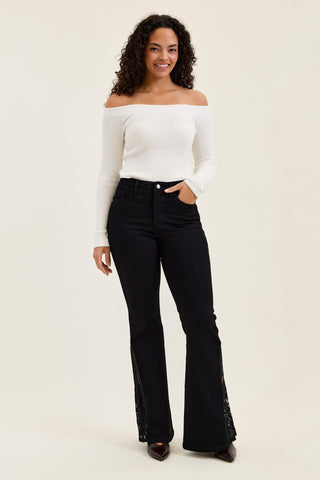 Judy Blue Mid Rise Jaqueline Black Lace Flare Denim Jeans 881177 - 3 Inseam Options
