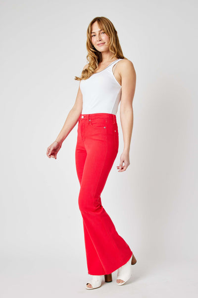 Judy Blue High Waist Tummy Control Garment Dyed Red Flare Denim 88833-Jeans-Sunshine and Wine Boutique