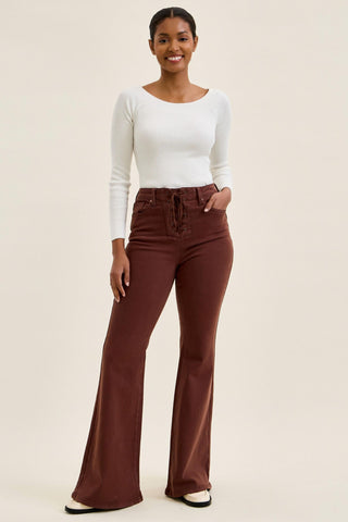 Judy Blue High Waist Cocoa Brown Lace Up Jaqueline Flare Denim Jeans 881179