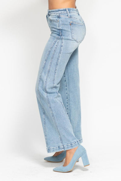 Judy Blue High Waist Side Seam Insert Detail Retro Wide Leg Denim 88766-Jeans-Sunshine and Wine Boutique