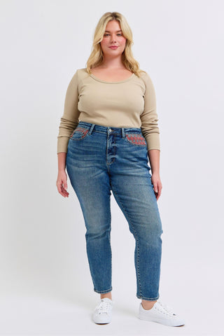 Judy Blue High Waist Plaid Patch Slim Denim Jeans 88868