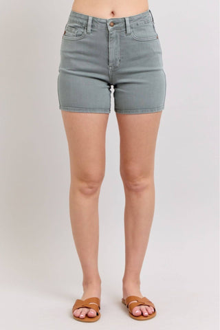 Judy Blue High Waist Garment Dyed Stone Blue & Back Pocket Embroidery Denim Short 150313-Shorts-Sunshine and Wine Boutique
