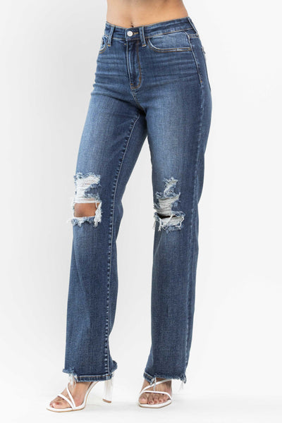 Judy Blue High Waist 90's Knee Destroy Straight Denim 82592-Jeans-Sunshine and Wine Boutique