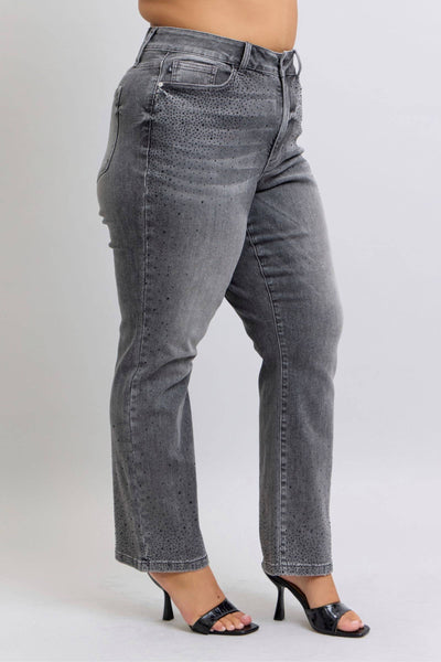 Judy Blue High Waist Rhinestone Gray Straight Denim Jeans 88919-Jeans-Sunshine and Wine Boutique