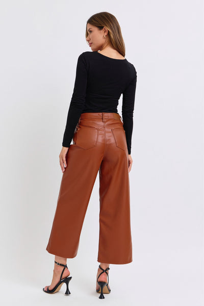 Judy Blue High Waist Tummy Control Camel Faux Leather Wide Leg Crop Denim Jeans 88900-Jeans-Sunshine and Wine Boutique