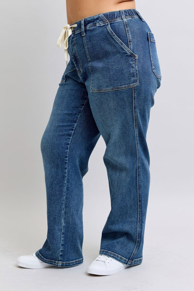 Judy Blue High Waist Drawstring Wide Leg Denim Jeans 88856-Jeans-Sunshine and Wine Boutique