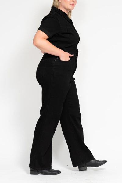 Judy Blue High Waist Garment Dyed Black Tummy Control Short Sleeve Straight Denim Jeans Jumpsuit 88853-Jeans-Sunshine and Wine Boutique