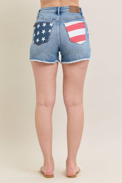 Judy Blue High Waist Front & Back Pocket American Flag Fray Hem Denim Short 150321-Shorts-Sunshine and Wine Boutique