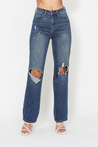 Judy Blue High Waist Knee Ripped Dad Denim 88680-Jeans-Sunshine and Wine Boutique