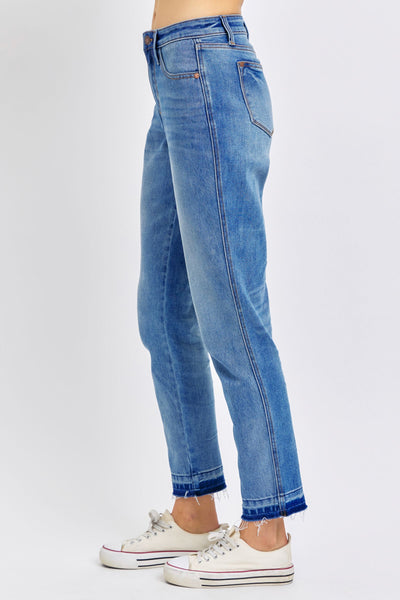 Judy Blue Mid Rise Rigid Magic Release Hem Boyfriend Denim 88818-Jeans-Sunshine and Wine Boutique