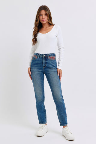 Judy Blue High Waist Plaid Patch Slim Denim Jeans 88868