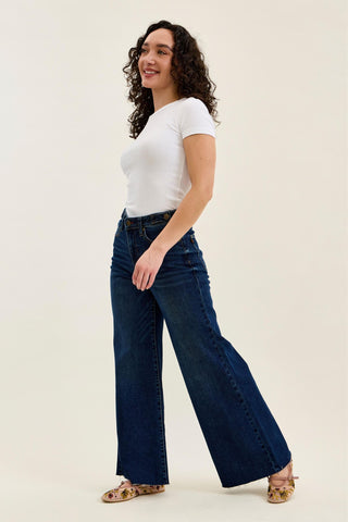 Judy Blue High Waist Adjustable Waistband Tabs Raw Hem Retro Wide Leg Denim Jeans 881114 - Petite