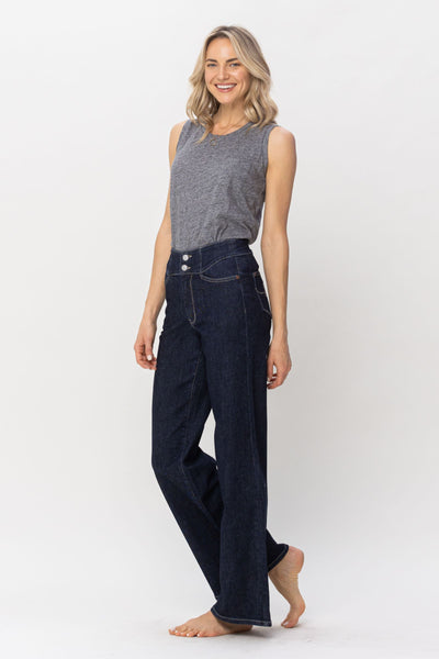 Judy Blue High Waist Rinse Wash Geometric Waistband and Pocket Embroidery Wide Leg Denim 88579-Jeans-Sunshine and Wine Boutique