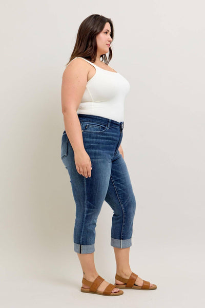 Judy Blue Mid Rise Dark Wash Cuffed Capri Denim Jeans 72121-Jeans-Sunshine and Wine Boutique
