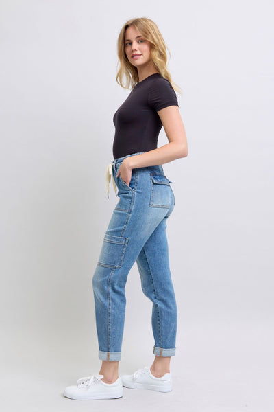 Judy Blue High Waist Cargo Cuff Jogger Denim Jeans 88909-Jeans-Sunshine and Wine Boutique