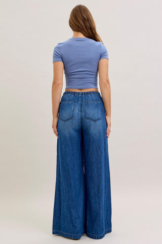 Judy Blue High Waist Featherweight Elastic Waistband Drawstring Palazzo Denim Jeans 881047