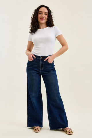 Judy Blue High Waist Adjustable Waistband Tabs Raw Hem Retro Wide Leg Denim Jeans 881114 - Petite