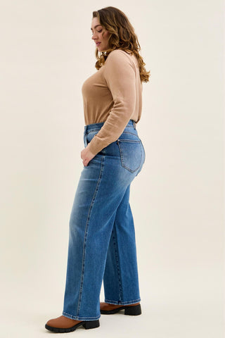 Judy Blue High Waist Tummy Control Leopard Waistband Lux Retro Wide Leg Denim Jeans 881192
