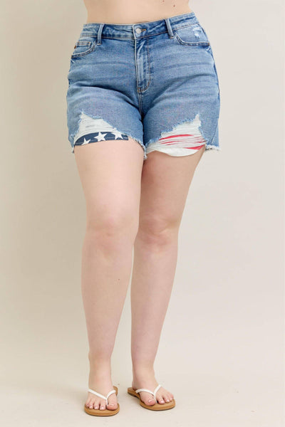 Judy Blue High Waist Front & Back Pocket American Flag Fray Hem Denim Short 150321-Shorts-Sunshine and Wine Boutique