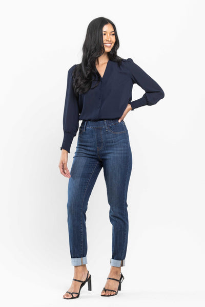 Judy Blue High Waist Pull On Double Cuff Slim Denim 88750 - Exclusive-Jeans-Sunshine and Wine Boutique