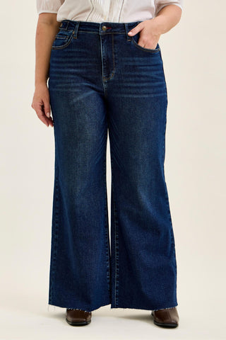 Judy Blue High Waist Adjustable Waistband Tabs Raw Hem Retro Wide Leg Denim Jeans 881114
