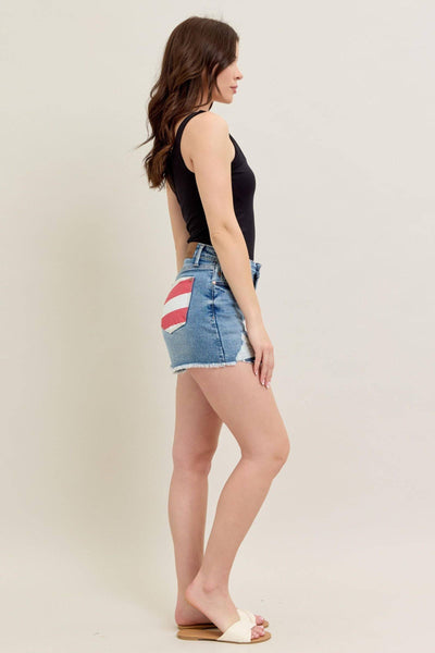 Judy Blue High Waist Front & Back Pocket American Flag Fray Hem Denim Short 150321-Shorts-Sunshine and Wine Boutique