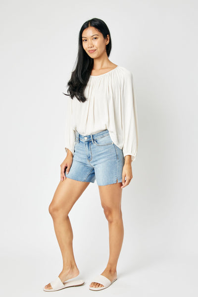 Judy Blue Mid Rise Cutt Off Denim Short 15251-Shorts-Sunshine and Wine Boutique