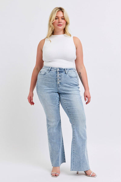 Judy Blue Mid Rise Button Fly Rhinestone Side Panel Detail Flare Denim Jeans 88895-Jeans-Sunshine and Wine Boutique